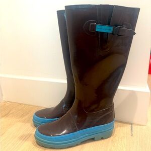Marc Jacobs Glossy Dark Brown Knee-High Rain Boots with Blue Sole, Women’s 11